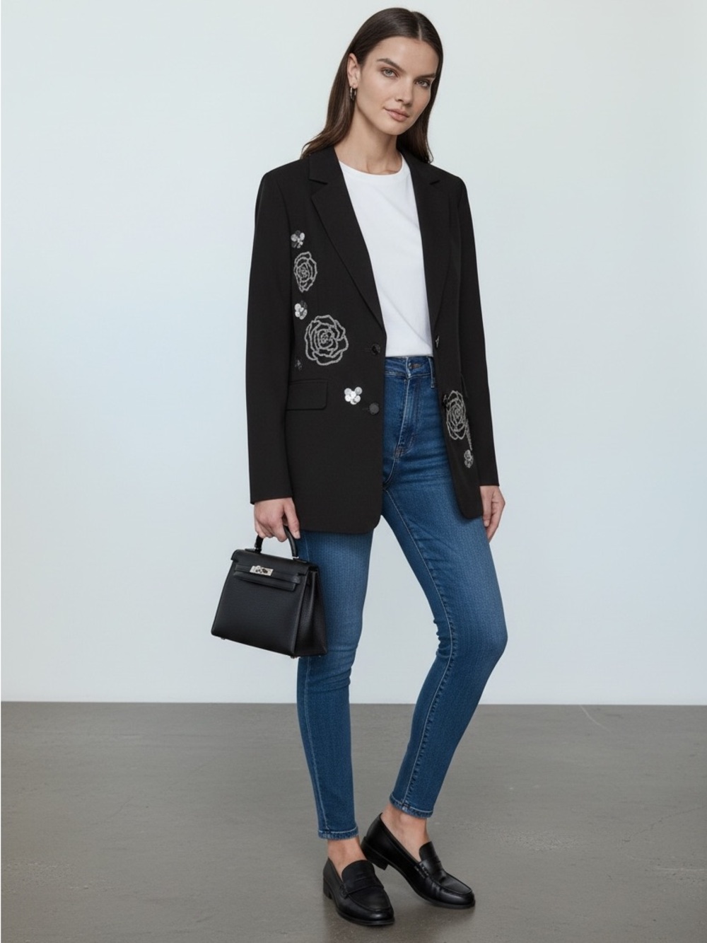 Karl Lagerfeld Paris Rose Rhinestone Blazer NWOT Black Size 8